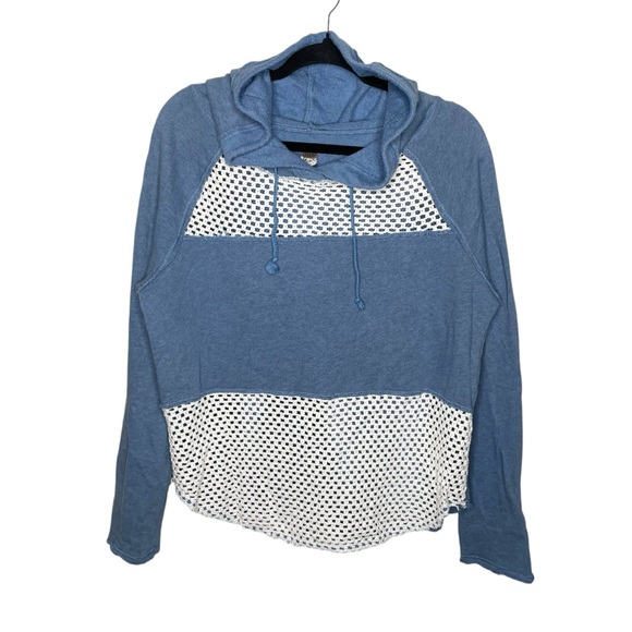 Free People Crochet Panel Blue Pullover Hoodie Sweatshirt Medium - Picture 5 of 13